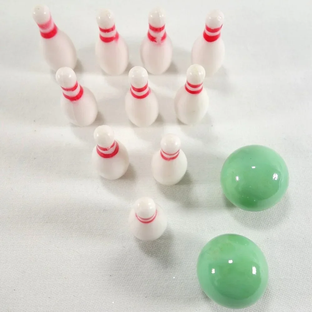 Mini Bowling‎ Set For Desk Or Tabletop Fun Includes 10 Pins & 2 Green Balls